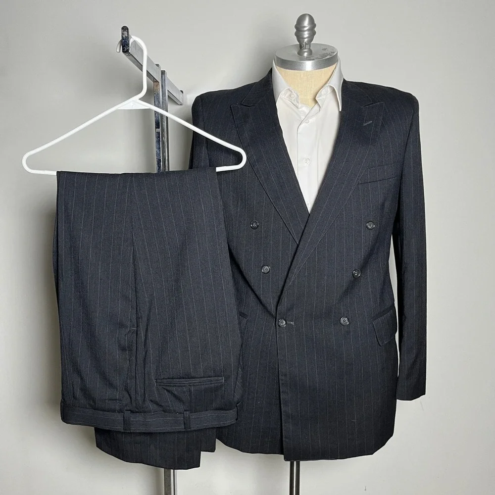 Brookcraft Suit Mens 44L 36W Charcoal Gray Pinstripe Double Breasted Wool